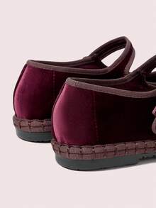 CUCCOO DOLLMOD Sepatu Flat Mary Jane Klasik Nyaman Berwarna Burgundy Velvet untuk Wanita, Sepatu Musim Semi yang Elegan & Modis - Burgundy / Coklat - View 10