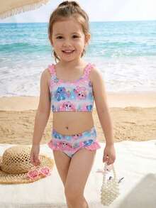 女童（小号）泳衣套装，彩色兔子印花图案，荷叶边肩带和带褶边的泳裤，适合度假，夏季时尚单品 - 彩色 - 查看 7