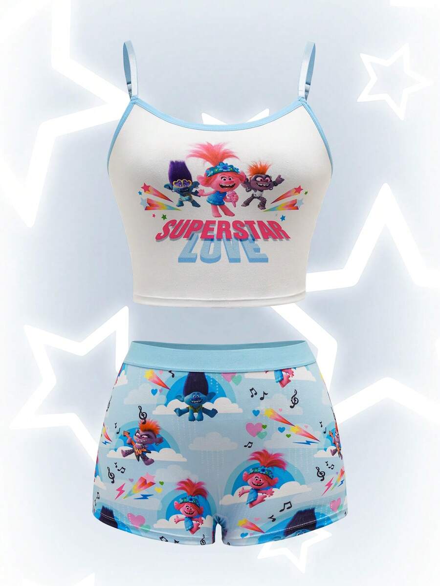 Trolls X SHEIN Bộ áo ngực và quần lót họa tiết hoạt hình dễ thương thoải mái cho nữ - Màu xanh lam - Xem 1