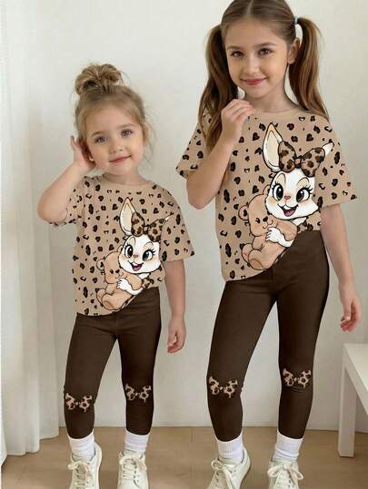 SHEIN 2pcs/Set Cute Rabbit & Leopard Print Top And Leggings Set, Casual Loose Round Neck Short Sleeve T-Shirt And Tight Pants Outfit For Baby Girls, Suitable For Spring/Summer Daily Wear, Travel, Matching, Home, Vacation, Outdoor, Farm, Chill Chill