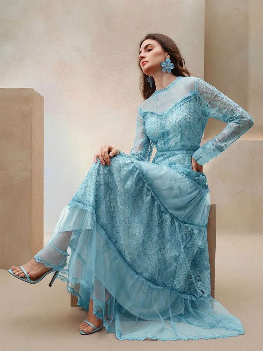 Anewsta Vestido de estilo princesa con detalles de diseño, de malla transparente con encaje de contraste, calado y bordado en la cintura acampanada - Azul - Ver 1