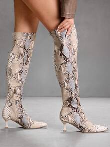 CUCCOO SZL 女士经典蛇纹过膝长靴，时尚超高跟尖头优雅简约弹力过膝长靴 - 彩色 - 查看 9