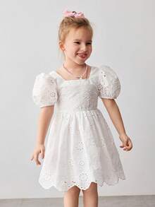 Maija Kids Đầm thường ngày màu trơn cổ tròn tay phồng eo thắt eo dành cho bé gái - trắng - Xem 4