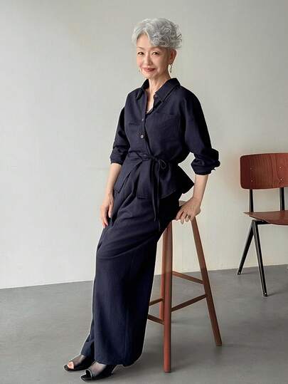 FRIFUL 女士纯色蓝色斜领衬衫和直筒宽松休闲裤两件套，春夏款