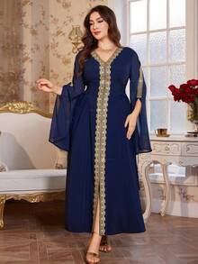 Reflora 大码女式贴花装饰开衩袖优雅连衣裙 - 藍色 - 查看 6