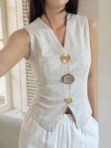 Livesso 女士无袖金属扣装饰休闲办公装，优雅修身开衫衬衫，适合情人节、婚礼、通勤、春夏季节穿着。 - 米色 - 查看 6