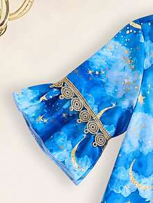 女婴斋月假日风星月印花V领荷叶袖蕾丝拼接宽松连衣裙，春夏秋季款 - 藍色 - 查看 7