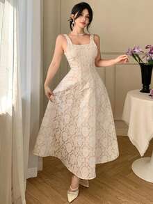 DAZY Women's Elegant Floral Print Sleeveless Dress With Square Neckline, Summer - Apricot - View 8