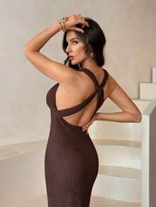 SHEIN Tall 女士针织连衣裙,金属纽扣装饰露背连衣裙,棕色连衣裙,优雅女士露背无袖连衣裙,夏季修身长裙,Y2K风格服装,乡村音乐会服装,复古街头服饰,外出服装 - 棕色 - 查看 9