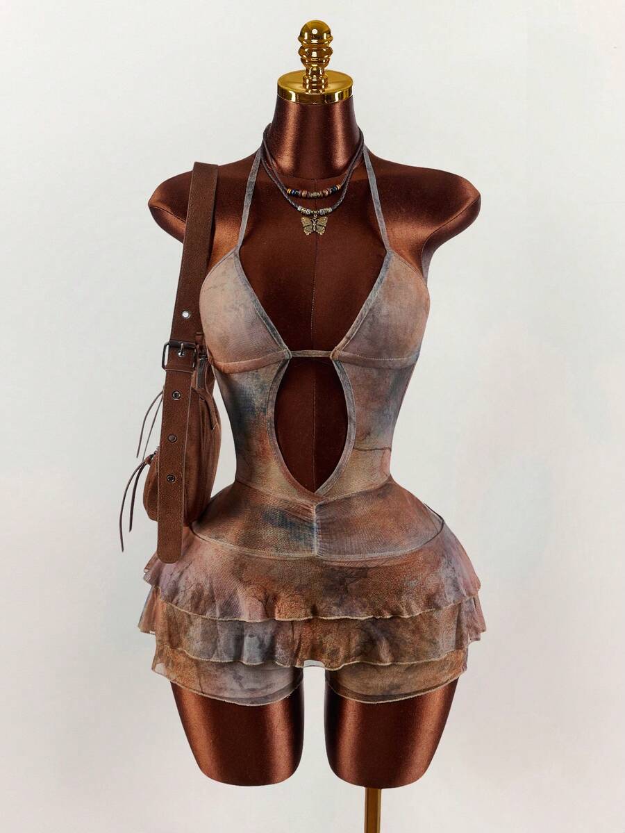 Amplova Women's Tie-Dye Print Halter Neck Jumpsuit, Sexy & Avant-Garde For Vacation, Retro & Cute With Ruffle Hem - Multicolor - View 1