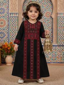 1 chiếc đầm dài tay dáng rộng kiểu Trung Đông cổ điển cho bé gái 4-7 tuổi, họa tiết hình học in kỹ thuật số, chất liệu nhẹ, thích hợp cho các lễ hội truyền thống/mặc hàng ngày, mùa xuân/hè/thu. - Nhiều màu - Xem 3