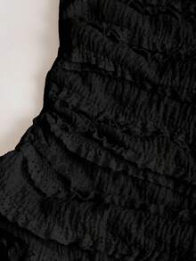 Sweetra 纯色3D立体花卉装饰无肩带高开衩连衣裙 - 黑色 - 查看 4