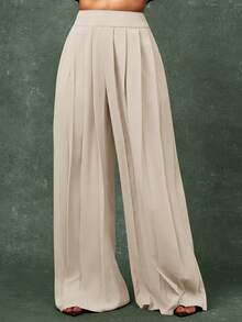 Vixey High Waist Pleated Detail Wide Leg Elegant Pants - Apricot - View 2