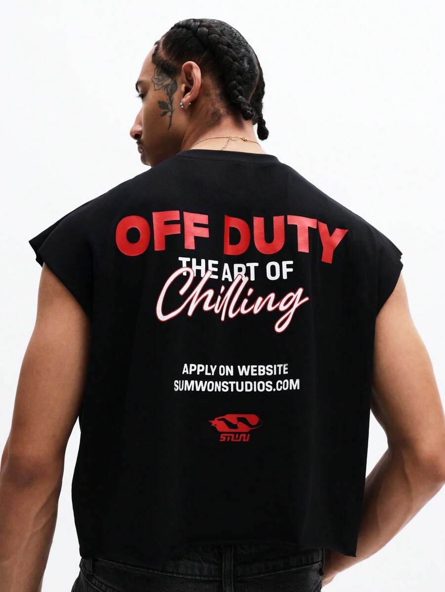 SUMWON Áo tank top không tay cổ tròn Off Duty với họa tiết và chữ in nổi bật, thích hợp cho trang phục thường ngày mùa hè. - màu đen - Xem 1