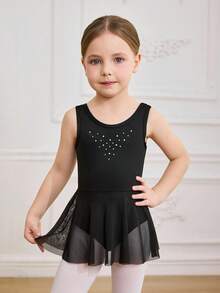 Áo liền quần tập múa ba lê ngoài trời màu trơn bằng vải dệt kim, trang trí ruy băng và đá đính, dáng ôm, co giãn và mềm mại, thích hợp cho bé gái. - màu đen - Xem 1