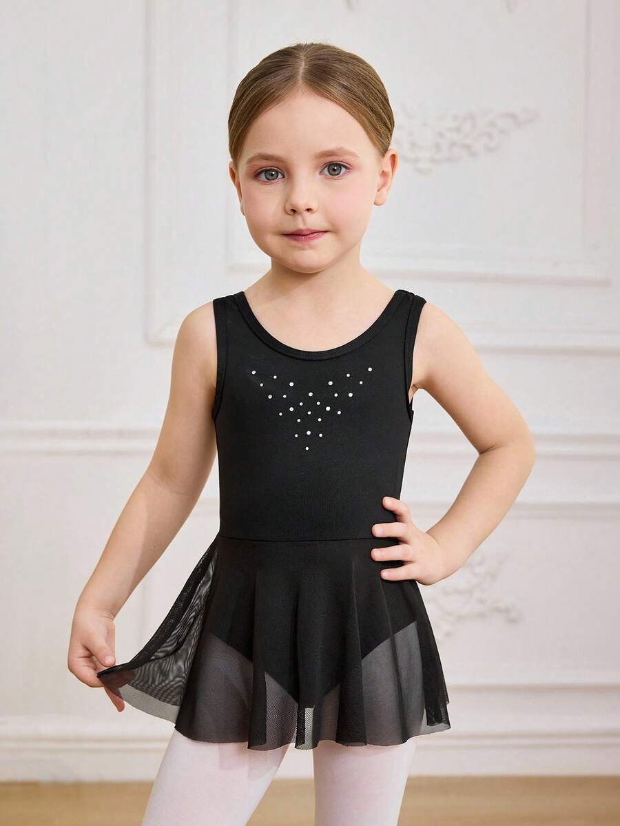 Áo liền quần tập múa ba lê ngoài trời màu trơn bằng vải dệt kim, trang trí ruy băng và đá đính, dáng ôm, co giãn và mềm mại, thích hợp cho bé gái. - màu đen - Xem 1