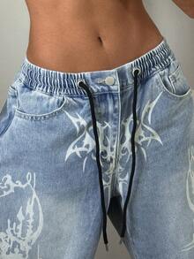 StreetHx Women's Gothic Pattern Drawstring Waist Pockets Wide Leg Loose Casual Jeans - Light Wash - View 6