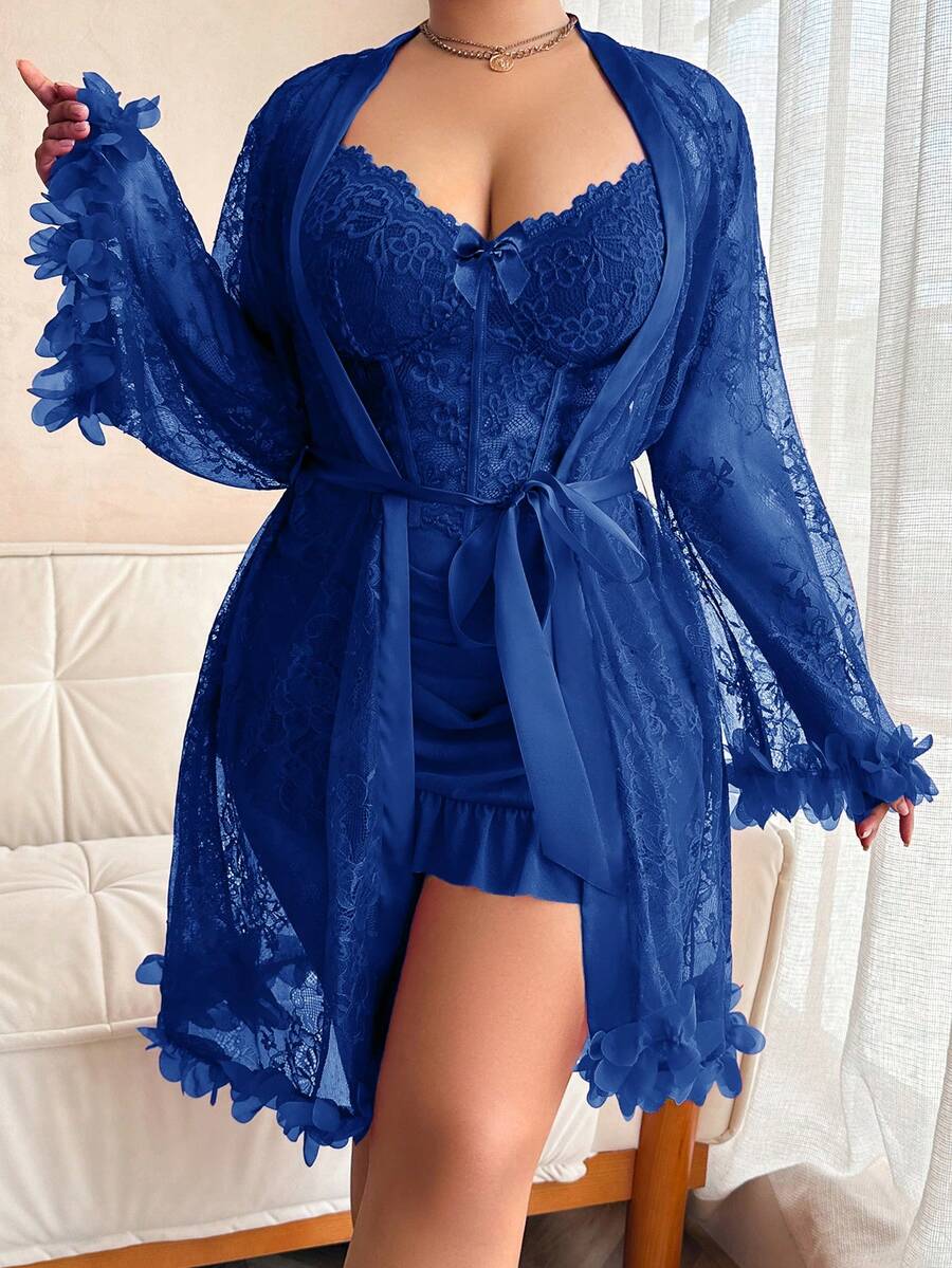 SHEIN 1 Set Plus Size Lace Robe With 3D Floral Decor + Plus Size Lace Camisole Slip Dress With Waist Cinching Design - Royal Blue - View 1