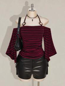 SHEIN ICON 大码女式 Y2K 复古条纹露肩喇叭袖吊带时尚 T 恤，前卫街头风，休闲喇叭袖露肩条纹针织上衣 - 彩色 - 查看 9