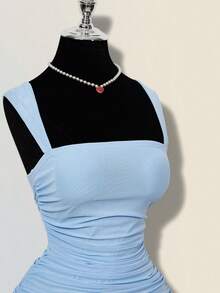 SHEIN ICON 女士优雅荷叶边迷你连衣裙，修身剪裁，网纱面料，适合夏季约会 - 淺藍色 - 查看 4