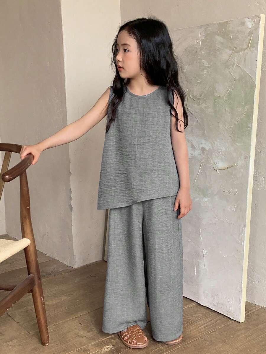 DAZY 2pcs/Set Young Girls Round Neck Twist Knot Sleeveless Shirt And Leggings Set - Grey - View 1