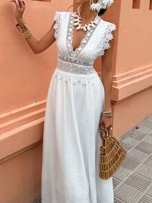 Selianne Women's Lace Patchwork V-Neck A-Line Dress, French Style Vacation Dress - White - View 4