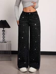 SHEIN Tall 春夏女士派对嘉年华情人节时尚闪亮水钻设计中腰直筒宽松休闲亮面牛仔裤 - 黑色 - 查看 7