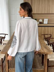 Louniche White & Blue Embroidered Long-Sleeve Shirt,Elegant Women's Blouses,Boho,Vacation,Holiday,White And Black,Autumn,Button Up Bohemian Style Casual Tops - White - View 2