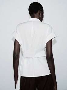 Lumivelle 女士时尚休闲通勤办公领带短袖衬衫，春夏款 - 白色 - 查看 2