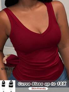SHEIN CURVE+ 大码女士休闲百搭露背背心，深V领罗纹针织吊带衫，白色 - 紅色 - 查看 1