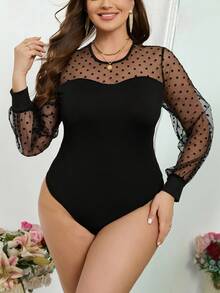 SHEIN CURVE+ Plus Size Women Flocked Polka Dot Mesh Patchwork Jumpsuit