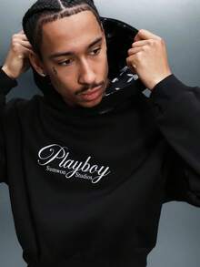 PLAYBOY X SUMWON Crop Fit Men's Pullover Hoodie With Logo Print Long Sleeve Casual Streetwear Sweatshirt Winter Fall Urban Style - Black - View 1