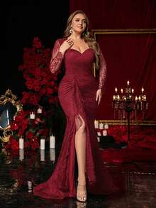 Glamrae 大码优雅浪漫奢华黑色蕾丝心形领长袖修身鱼尾不规则荷叶边开衩连衣裙，适合晚宴、单身派对、约会、舞会、度假、婚礼、正式场合。 - 酒紅色 - 查看 4