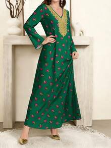 SHEIN Najma 女士花卉叶子印花V领长袖优雅连衣裙，春秋季 - 彩色 - 查看 3