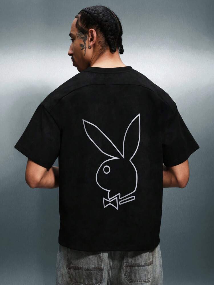 PLAYBOY X SUMWON Men Boxy Fit Crew Neck Short Sleeve T-Shirt With Large Bunny Logo Back Print Casual Streetwear Basic Tee