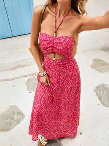 Vivid Eden 女士度假休闲印花镂空露背连衣裙 - 粉色 - 查看 3