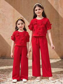 Young Girl Elegant Round Neck 3D Flower Decor Blouse & Pants Set Young Girl - Red - View 2