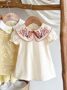 Vintaside Kids Vestido de Bebê Recém-Nascida Menina com Bordado Floral, Estilo Campestre Elegante Versátil Fofo, Tecido Macio e Confortável, Primavera/Verão - Damasco - Visão 4