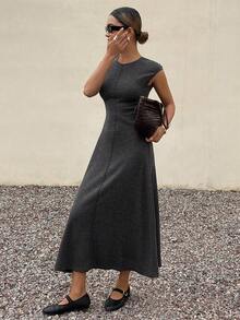 DAZY Vestido de verano de mujer elegante de unicolor, cuello redondo, sin mangas y de largo medio - Gris - Ver 5