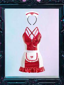 3pcs Nurse LadyBoss Uniform Zipper Coated Reflective Floral Lace Patchwork Contrast Color Bodycon Skirt, Slimming Effect, Charming Office Lady, Bar, Party Wear, Valentine's Day Romantic Gift, Women Costume - Red and White - View 6