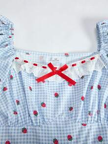 SHEIN ChillGRL Váy in họa tiết dâu tây tay bồng xòe thanh lịch ngọt ngào cho bé gái tuổi teen mùa hè, thích hợp cho kỳ nghỉ, tụ tập cùng bạn bè - Màu xanh nhạt - Xem 4