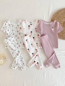 6件套女婴紧身连体睡衣套装，简约时尚碎花短袖柔软舒适睡衣套装 - 彩色 - 查看 8