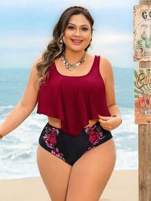 Swim Lushoire Plus Size Tankini Bikini Set Cerise Pink,Summer,Boho,Vacation,Holiday High Waisted Two Pieces Swimwear Printed Red Contrast Black Beachwear - Burgundy - View 3