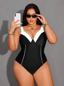 Shapewave 大码优雅夏季度假沙滩显瘦显瘦黑白撞色胸部支撑连体泳衣 - 黑與白 - 查看 5