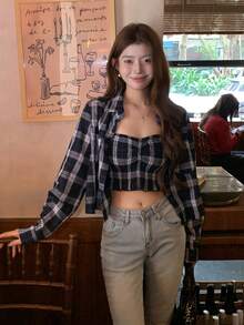 DAZY 格子印花褶皱荷叶边露脐抹胸上衣和纽扣前襟衬衫 - 杏色 - 查看 5