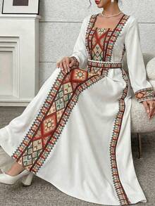 SHEIN Teen Girl Geometric Print Casual Party & Outing Flare Sleeve Dress - Apricot - View 3
