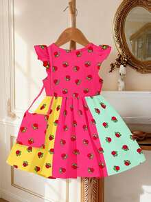 1pc Young Girl Sweet Middle Eastern Red Rose Print + Color Block Cap Sleeve Dress With Crossbody Bag, Lightweight, Cute Dress For Daily & Festivals, Summer - Multicolor - View 2