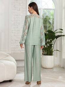 Lacomfia New French Retro Long Sleeve Lace Patchwork Hollow Out Blouse & Pants Set, Misty Blue - Green - View 2