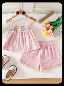 Genkimix Kids 女童花卉刺绣吊带背心和短裤套装，带缎带饰边 - 粉色 - 查看 1