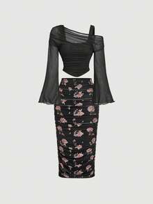SHEIN MOD Fustă midi vintage neagră cu imprimeu, pliuri – perfectă pentru vacanță, întâlniri, picnic, petrecere, bal, festival și ziua de naștere; stil vintage romantic. - Negru - Vizualizare 6
